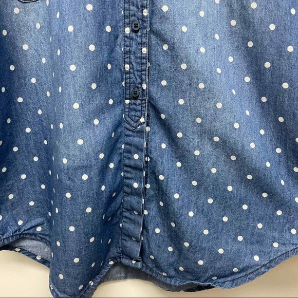 Free Heart Denim Shirt Blue White Polka‎ Dot Long Sleeve Button Down Casual - Picture 4 of 5